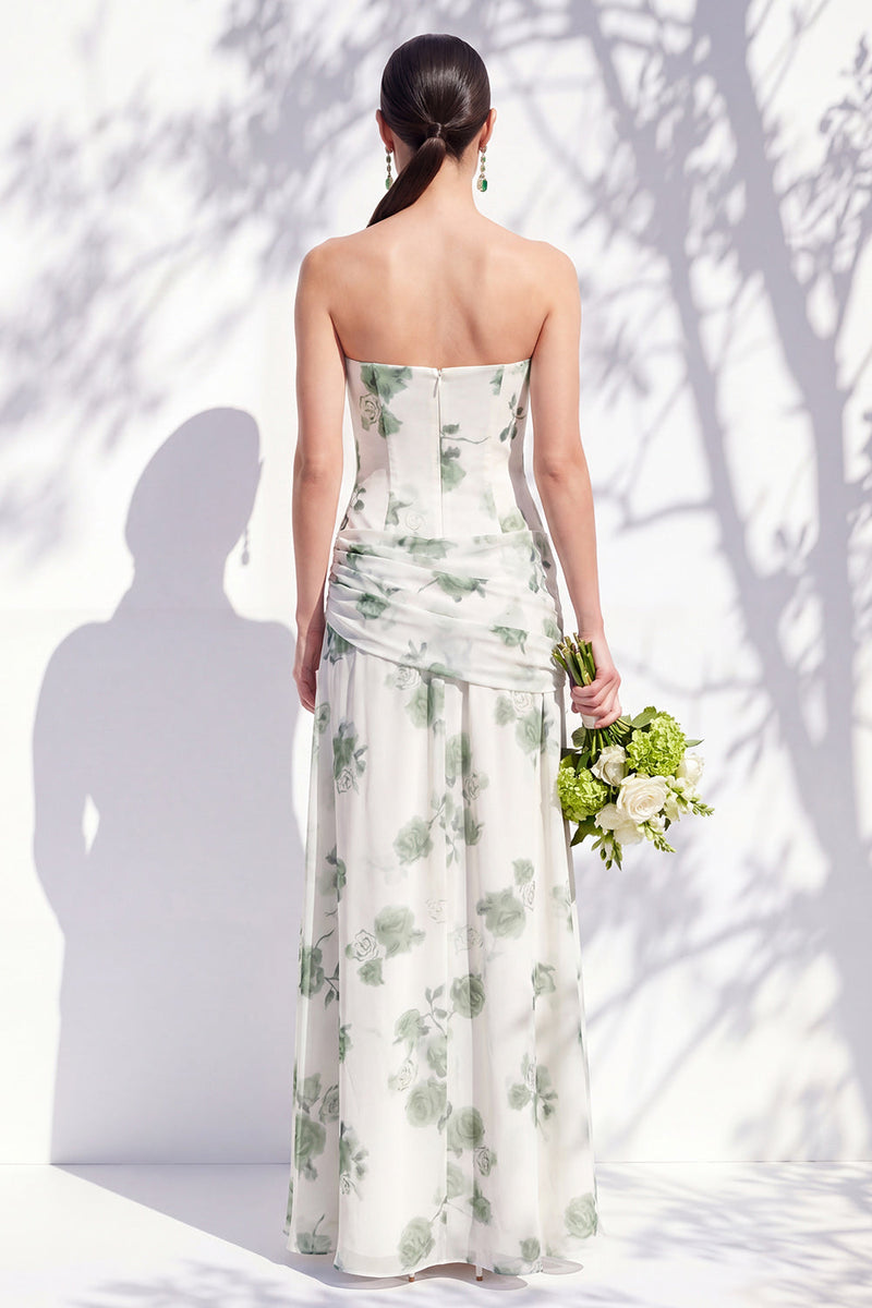 Laden Sie das Bild in den Galerie-Viewer, Trägerloses blaues Blumen-A-Linie Brautjungfernkleid mit Schlitz