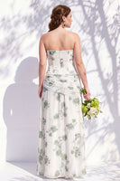 Laden Sie das Bild in den Galerie-Viewer, Trägerloses blaues Blumen-A-Linie Brautjungfernkleid mit Schlitz