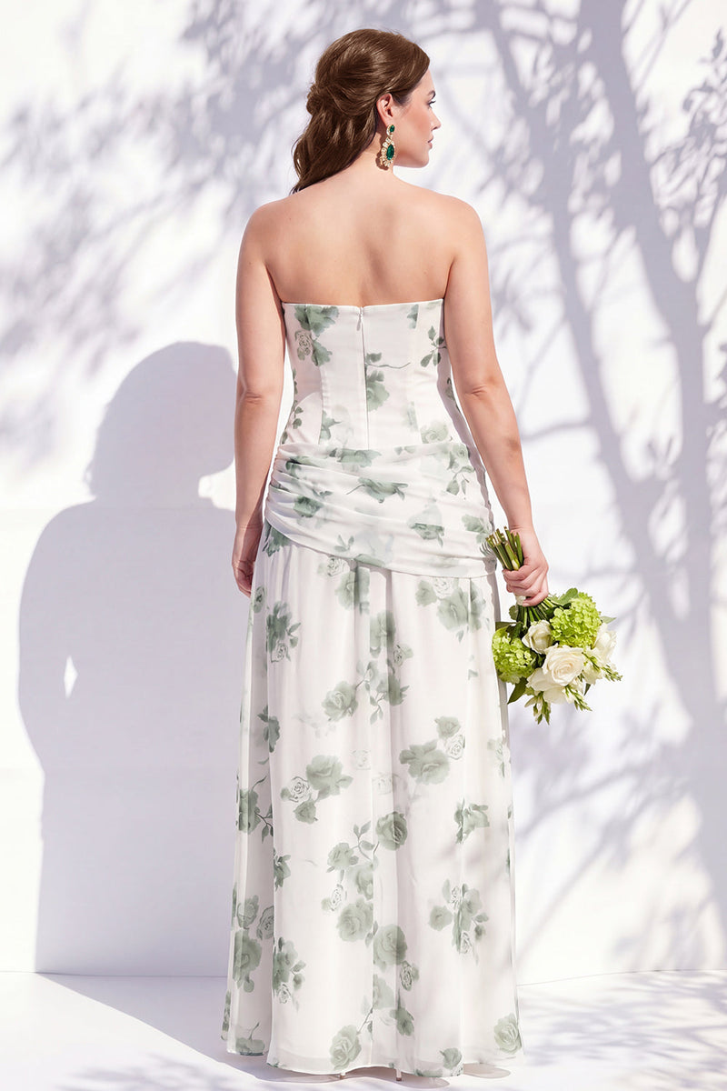 Laden Sie das Bild in den Galerie-Viewer, Trägerloses blaues Blumen-A-Linie Brautjungfernkleid mit Schlitz