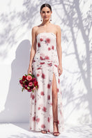 Laden Sie das Bild in den Galerie-Viewer, Trägerloses blaues Blumen-A-Linie Brautjungfernkleid mit Schlitz