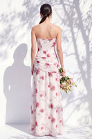 Laden Sie das Bild in den Galerie-Viewer, Trägerloses blaues Blumen-A-Linie Brautjungfernkleid mit Schlitz