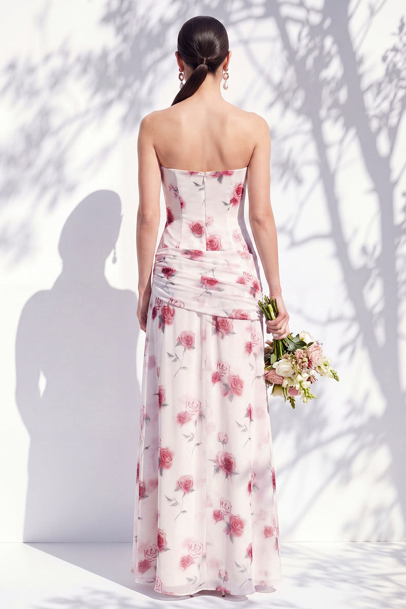 Laden Sie das Bild in den Galerie-Viewer, Trägerloses blaues Blumen-A-Linie Brautjungfernkleid mit Schlitz