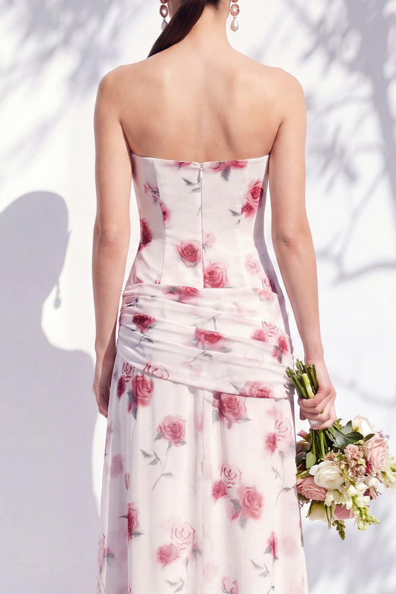 Laden Sie das Bild in den Galerie-Viewer, Trägerloses blaues Blumen-A-Linie Brautjungfernkleid mit Schlitz