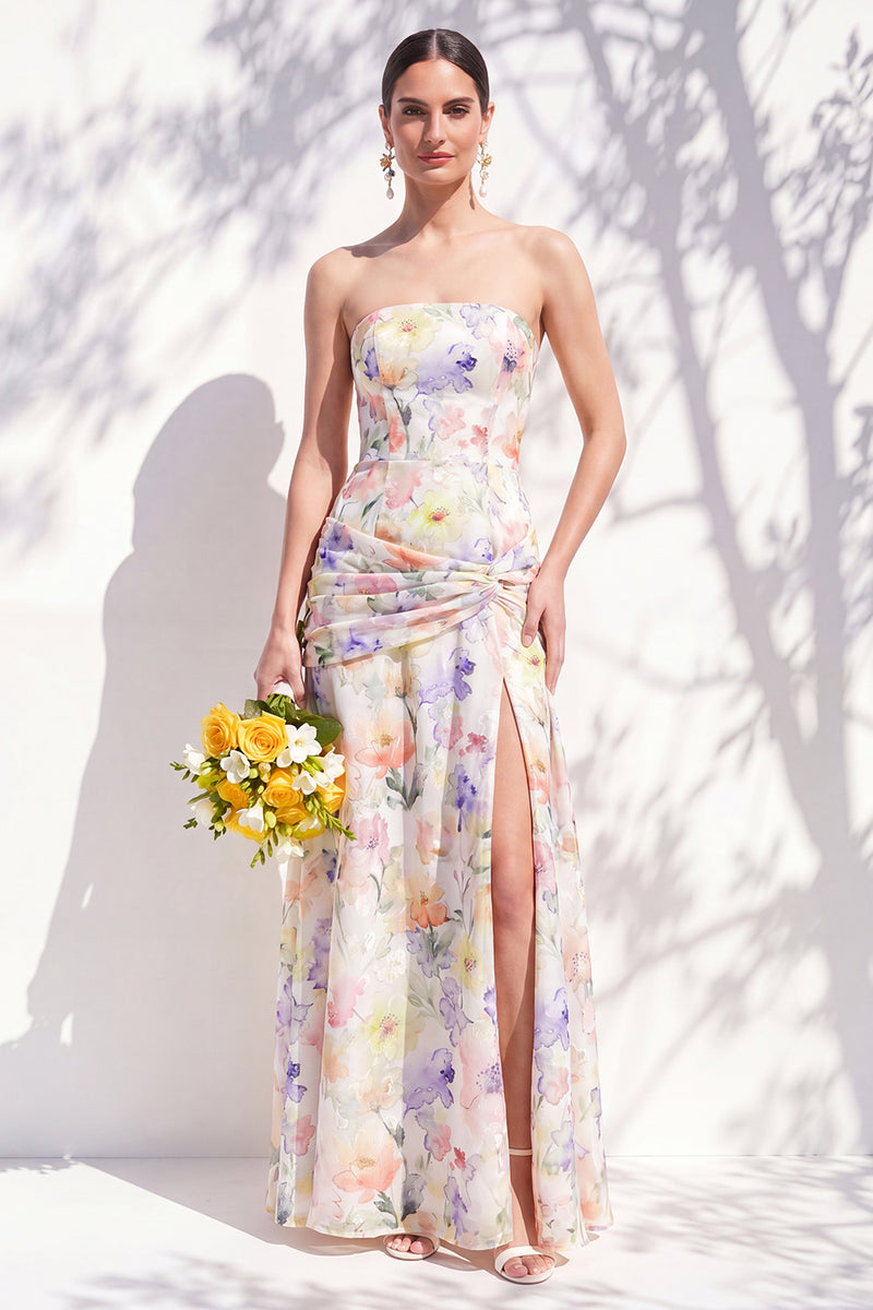 Laden Sie das Bild in den Galerie-Viewer, Trägerloses Blaues Blumen A-Linie Brautjungfernkleid mit Schlitz