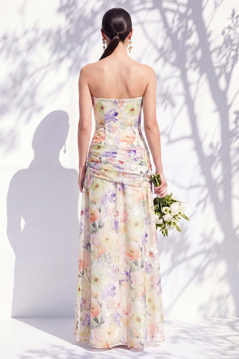Laden Sie das Bild in den Galerie-Viewer, Trägerloses Blaues Blumen A-Linie Brautjungfernkleid mit Schlitz
