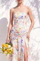 Laden Sie das Bild in den Galerie-Viewer, Trägerloses Blaues Blumen A-Linie Brautjungfernkleid mit Schlitz