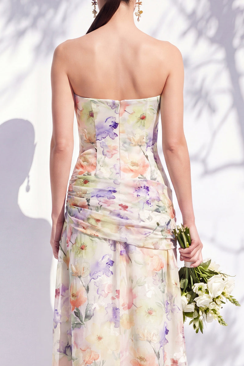 Laden Sie das Bild in den Galerie-Viewer, Trägerloses Blaues Blumen A-Linie Brautjungfernkleid mit Schlitz
