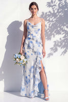 Laden Sie das Bild in den Galerie-Viewer, Blaues Blumen-Rüschen-A-Line-Brautjungfernkleid
