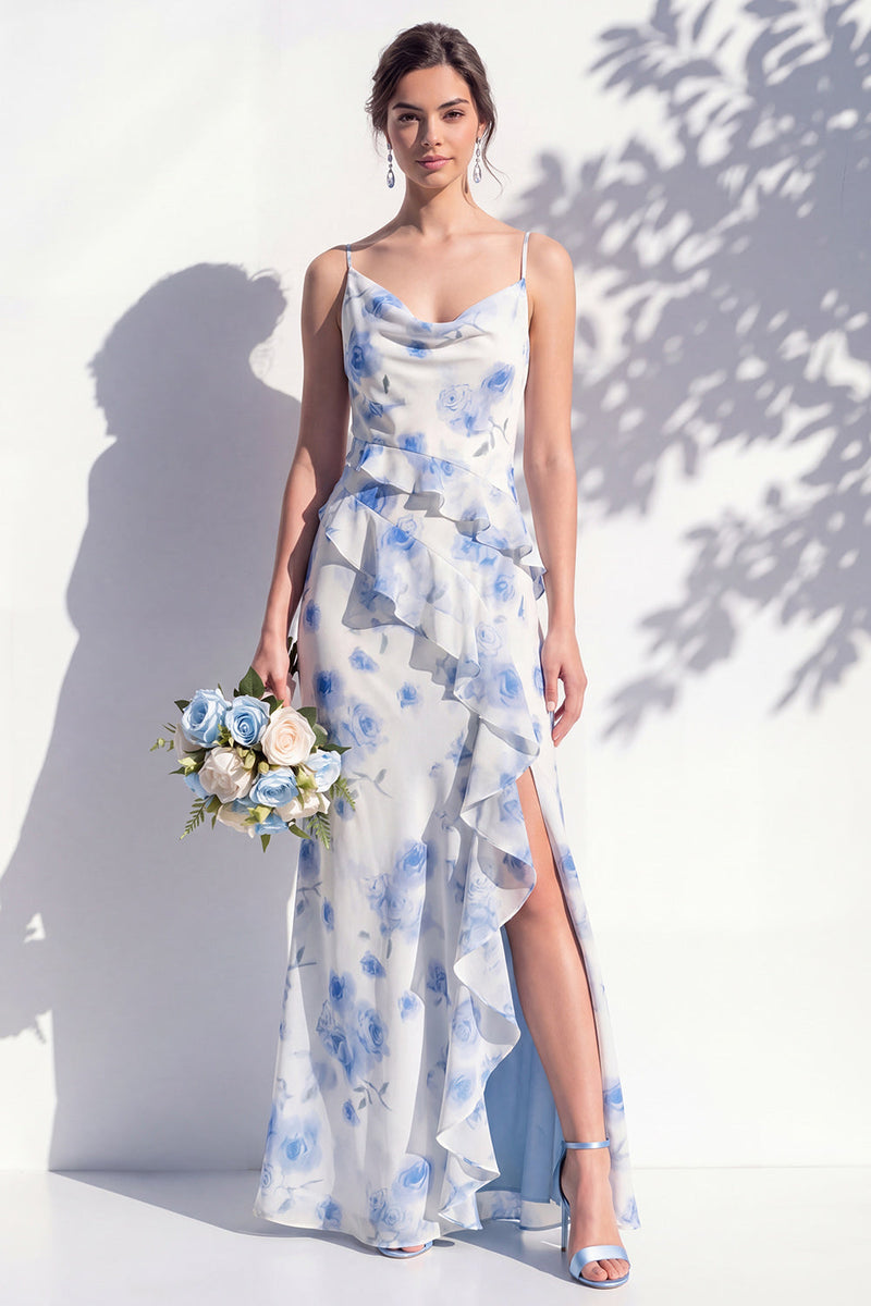 Laden Sie das Bild in den Galerie-Viewer, Blaues Blumen-Rüschen-A-Line-Brautjungfernkleid