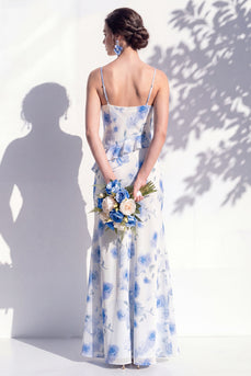 Blaues Blumen-Rüschen-A-Line-Brautjungfernkleid