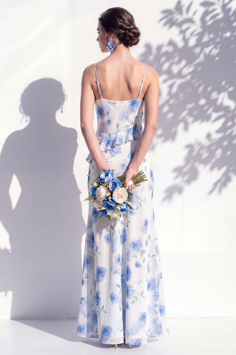 Laden Sie das Bild in den Galerie-Viewer, Blaues Blumen-Rüschen-A-Line-Brautjungfernkleid