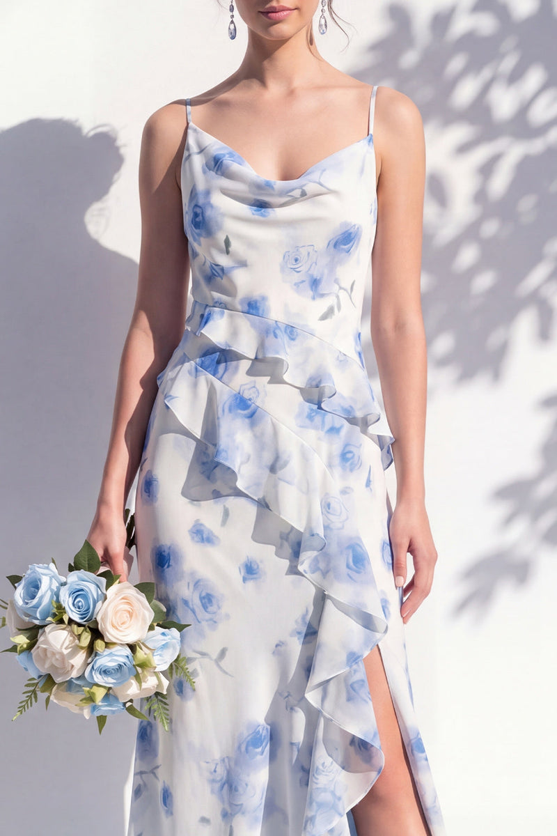 Laden Sie das Bild in den Galerie-Viewer, Blaues Blumen-Rüschen-A-Line-Brautjungfernkleid