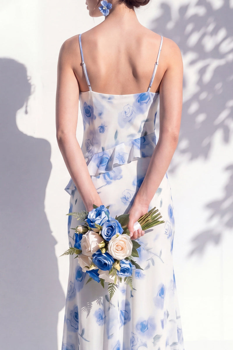 Laden Sie das Bild in den Galerie-Viewer, Blaues Blumen-Rüschen-A-Line-Brautjungfernkleid