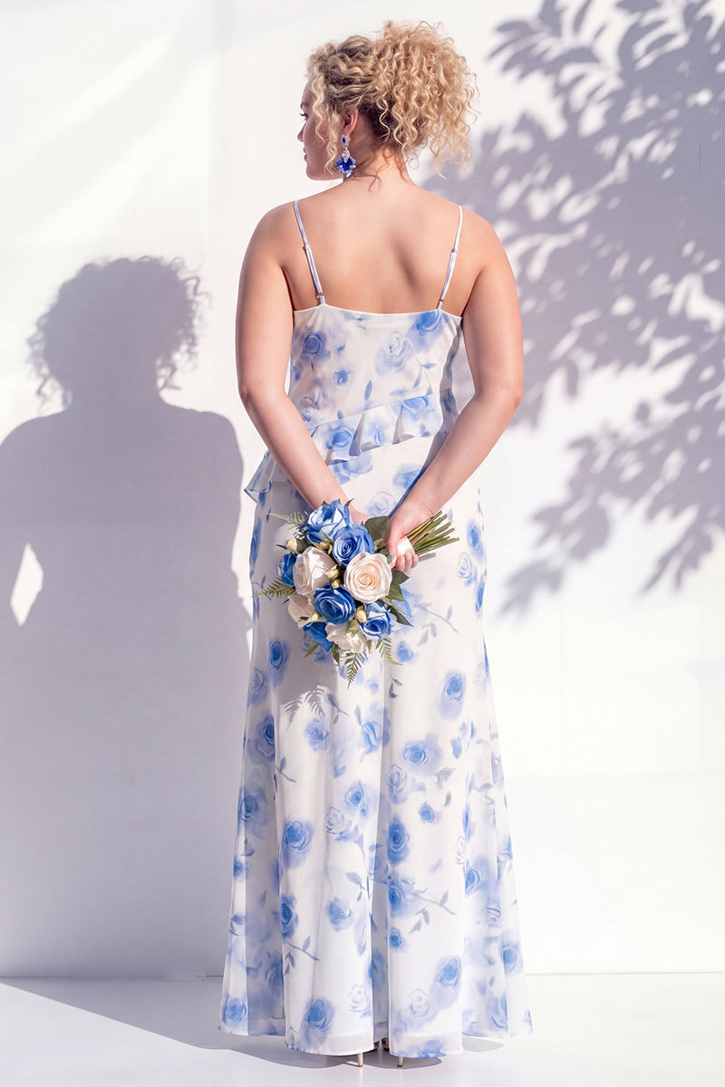 Laden Sie das Bild in den Galerie-Viewer, Blaues Blumen-Rüschen-A-Line-Brautjungfernkleid