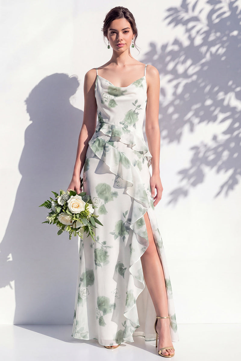 Laden Sie das Bild in den Galerie-Viewer, Blaues Blumen-Rüschen-A-Line-Brautjungfernkleid