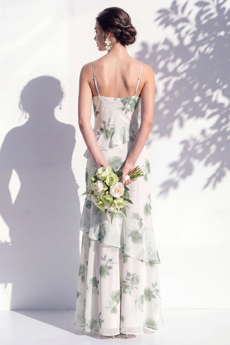 Laden Sie das Bild in den Galerie-Viewer, Blaues Blumen-Rüschen-A-Line-Brautjungfernkleid