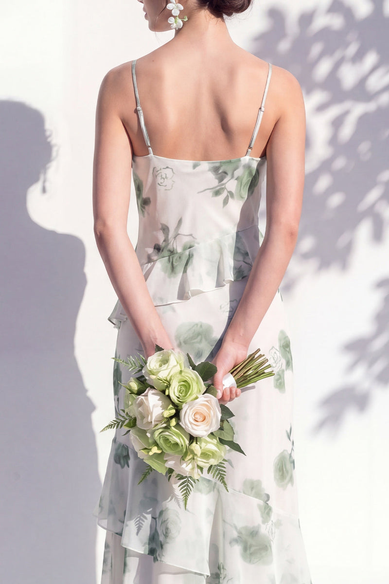 Laden Sie das Bild in den Galerie-Viewer, Blaues Blumen-Rüschen-A-Line-Brautjungfernkleid