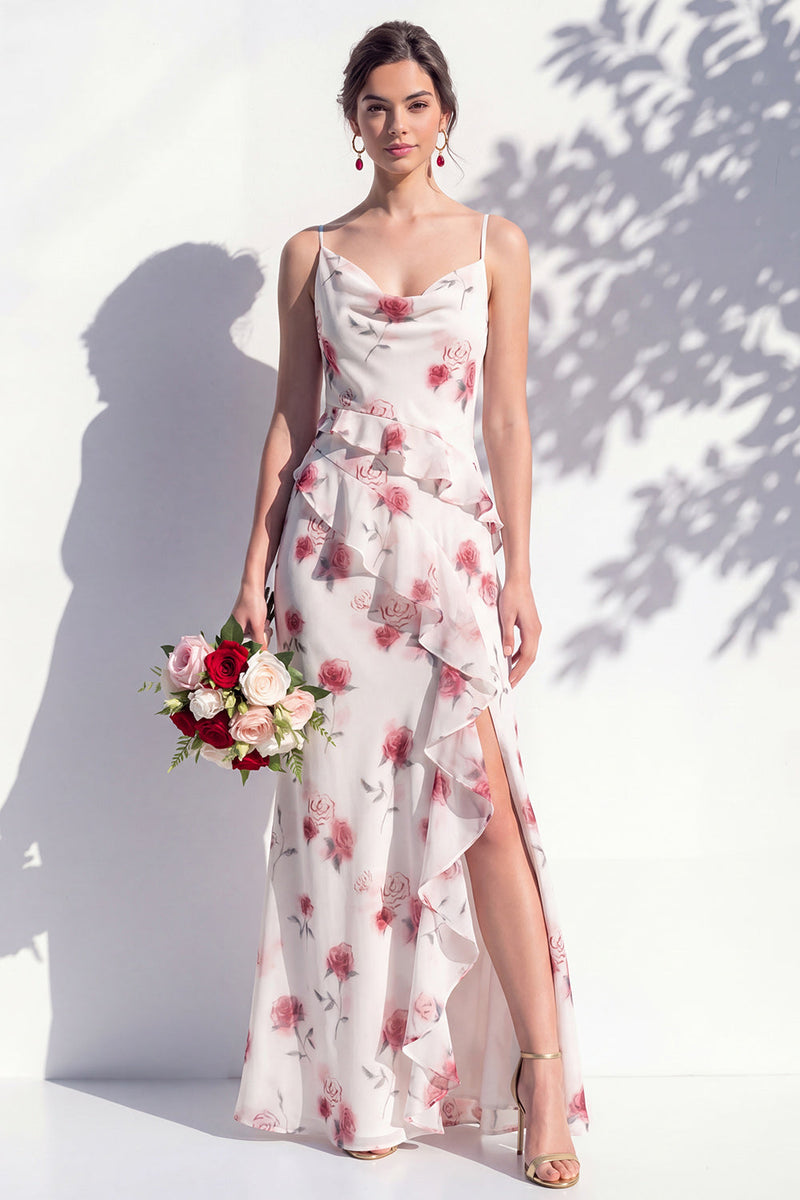 Laden Sie das Bild in den Galerie-Viewer, Blaues Blumen-Rüschen-A-Line-Brautjungfernkleid