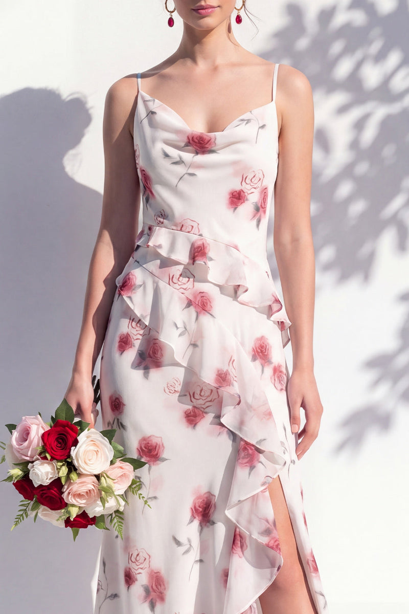 Laden Sie das Bild in den Galerie-Viewer, Blaues Blumen-Rüschen-A-Line-Brautjungfernkleid