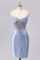 Laden Sie das Bild in den Galerie-Viewer, Graublaues Satin-Bodycon transparentes Korsett-Homecoming-Kleid mit Perlen
