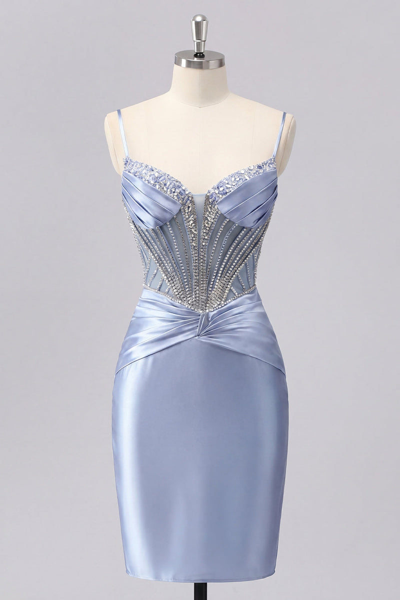 Laden Sie das Bild in den Galerie-Viewer, Graublaues Satin-Bodycon transparentes Korsett-Homecoming-Kleid mit Perlen