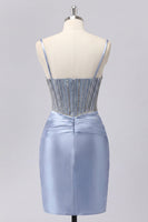 Laden Sie das Bild in den Galerie-Viewer, Graublaues Satin-Bodycon transparentes Korsett-Homecoming-Kleid mit Perlen
