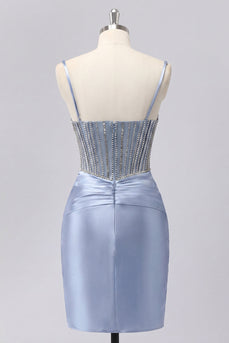 Graublaues Satin-Bodycon transparentes Korsett-Homecoming-Kleid mit Perlen