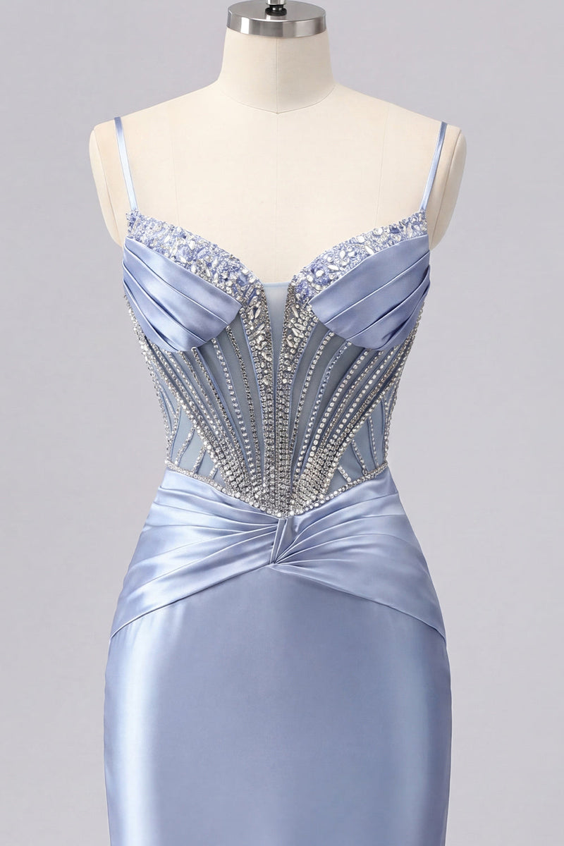 Laden Sie das Bild in den Galerie-Viewer, Graublaues Satin-Bodycon transparentes Korsett-Homecoming-Kleid mit Perlen