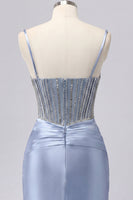 Laden Sie das Bild in den Galerie-Viewer, Graublaues Satin-Bodycon transparentes Korsett-Homecoming-Kleid mit Perlen