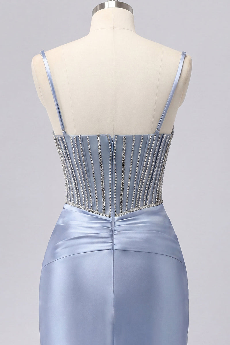 Laden Sie das Bild in den Galerie-Viewer, Graublaues Satin-Bodycon transparentes Korsett-Homecoming-Kleid mit Perlen