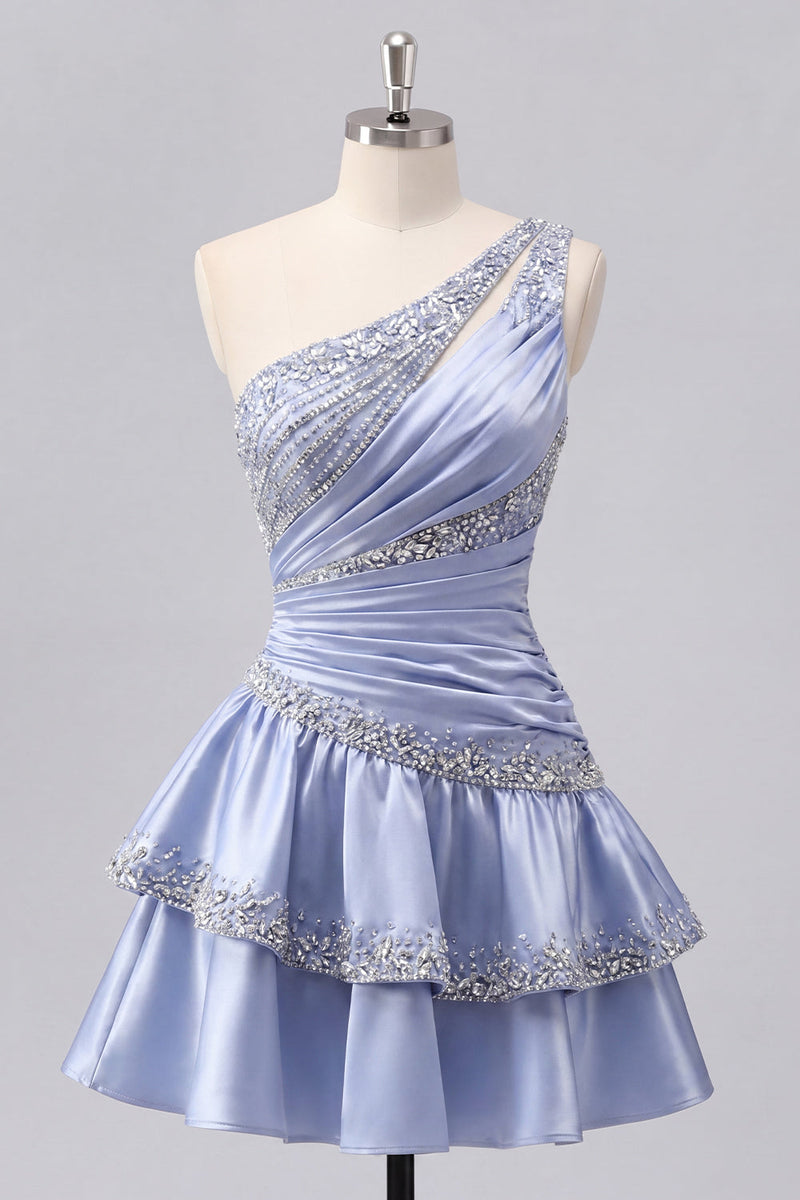 Laden Sie das Bild in den Galerie-Viewer, Graublaues Satin-A-Linien-Homecoming-Kleid mit einer Schulter und Perlenbesatz