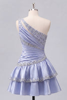 Laden Sie das Bild in den Galerie-Viewer, Graublaues Satin-A-Linien-Homecoming-Kleid mit einer Schulter und Perlenbesatz