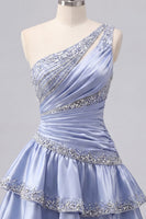 Laden Sie das Bild in den Galerie-Viewer, Graublaues Satin-A-Linien-Homecoming-Kleid mit einer Schulter und Perlenbesatz