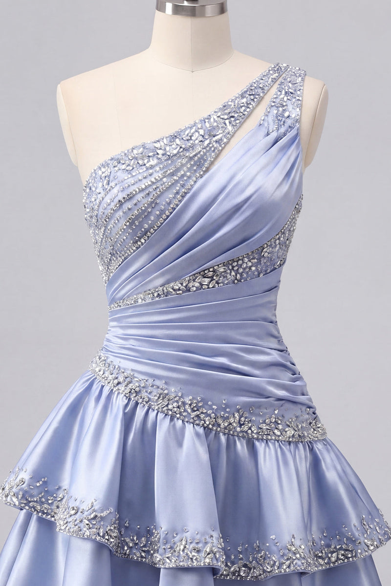 Laden Sie das Bild in den Galerie-Viewer, Graublaues Satin-A-Linien-Homecoming-Kleid mit einer Schulter und Perlenbesatz
