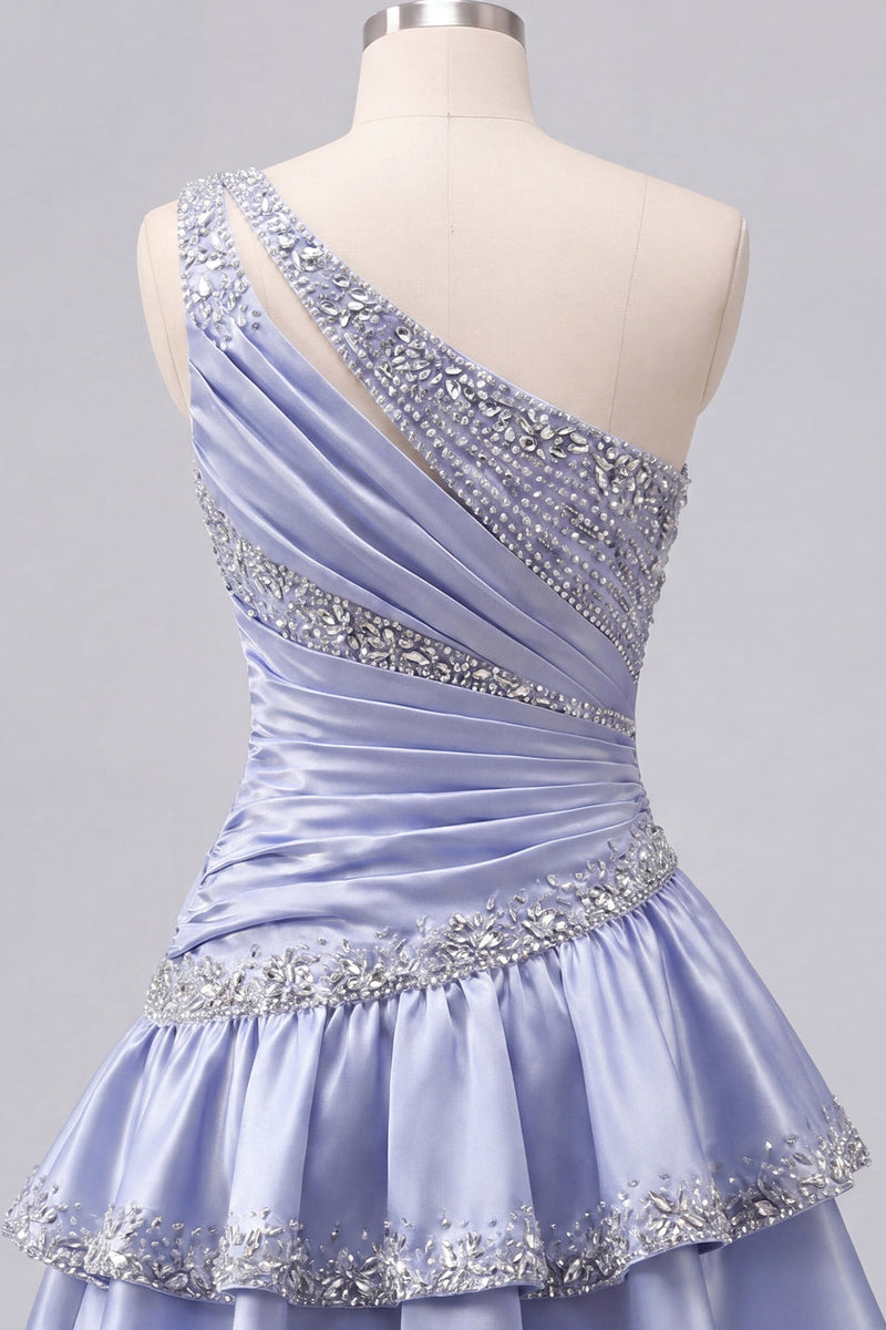 Laden Sie das Bild in den Galerie-Viewer, Graublaues Satin-A-Linien-Homecoming-Kleid mit einer Schulter und Perlenbesatz