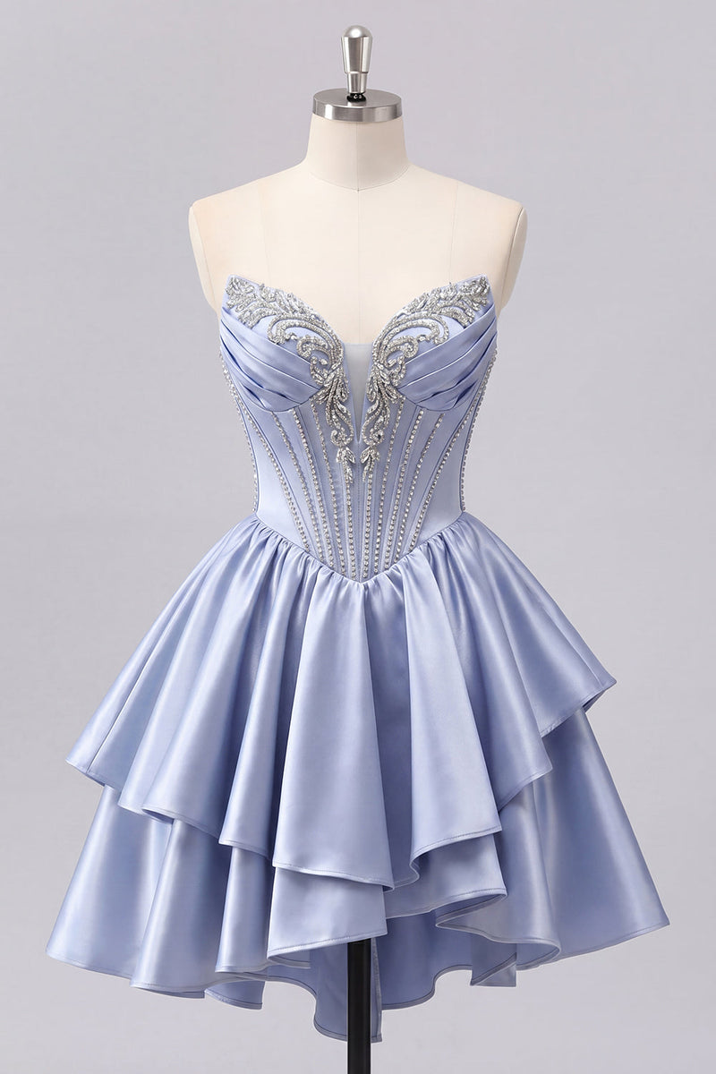 Laden Sie das Bild in den Galerie-Viewer, Satin A-Linie graublaues Sweetheart-Korsett mit Falten, niedliches Homecoming-Kleid mit Perlen