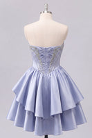 Laden Sie das Bild in den Galerie-Viewer, Satin A-Linie graublaues Sweetheart-Korsett mit Falten, niedliches Homecoming-Kleid mit Perlen