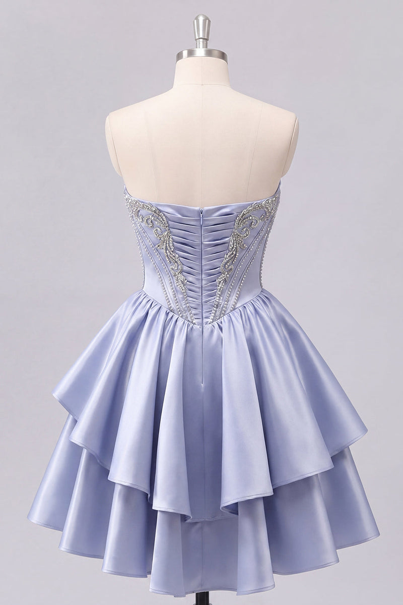 Laden Sie das Bild in den Galerie-Viewer, Satin A-Linie graublaues Sweetheart-Korsett mit Falten, niedliches Homecoming-Kleid mit Perlen