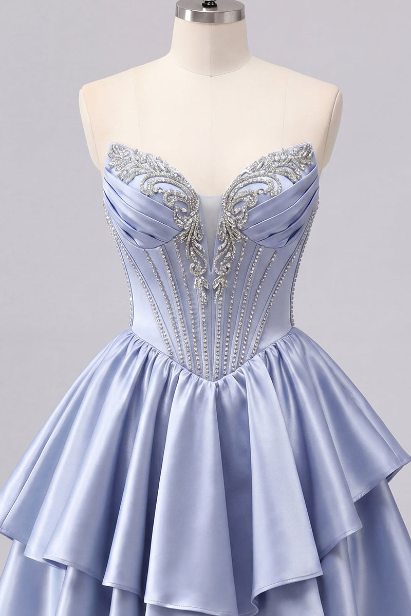 Laden Sie das Bild in den Galerie-Viewer, Satin A-Linie graublaues Sweetheart-Korsett mit Falten, niedliches Homecoming-Kleid mit Perlen