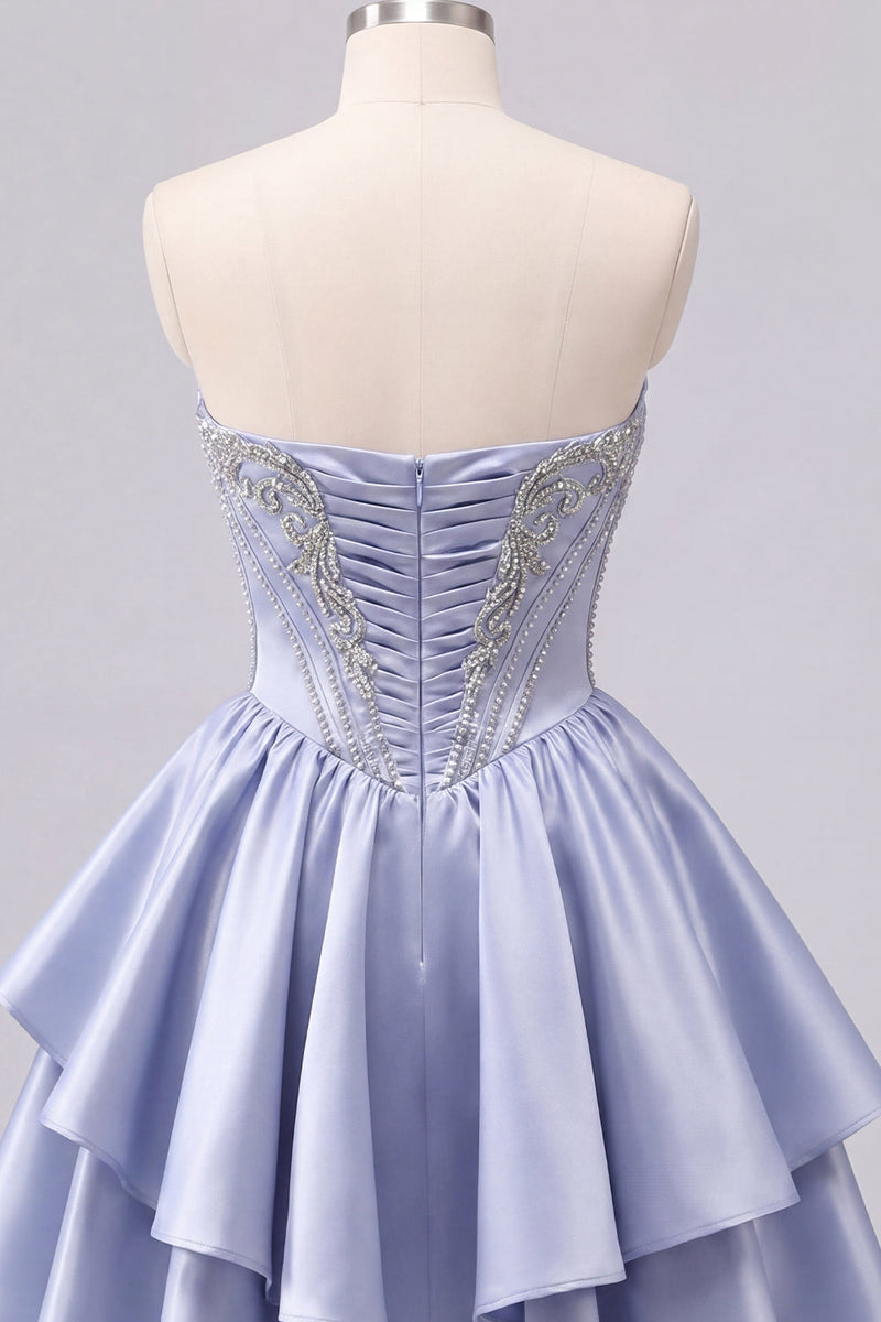 Laden Sie das Bild in den Galerie-Viewer, Satin A-Linie graublaues Sweetheart-Korsett mit Falten, niedliches Homecoming-Kleid mit Perlen