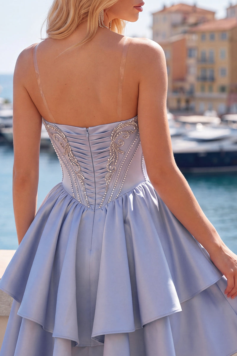 Laden Sie das Bild in den Galerie-Viewer, Satin A-Linie graublaues Sweetheart-Korsett mit Falten, niedliches Homecoming-Kleid mit Perlen