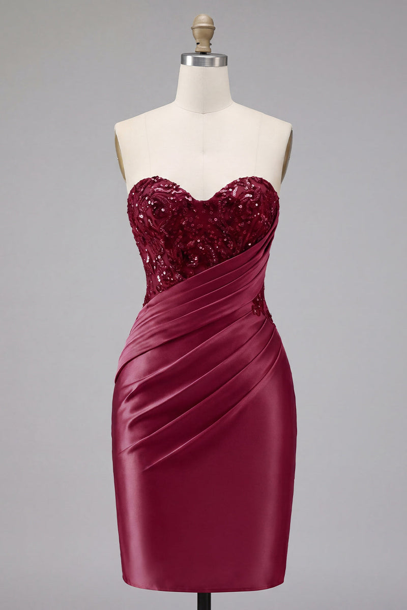 Laden Sie das Bild in den Galerie-Viewer, Satin-burgundfarbenes Sweetheart gerafftes Bodycon-Mini-Homecoming-Kleid mit Pailletten