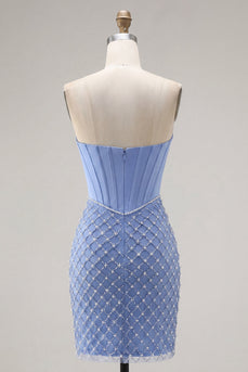 Satin-trägerloses blaues Korsett-Bodycon-Homecoming-Kleid mit Perlenmuster und Schlitz