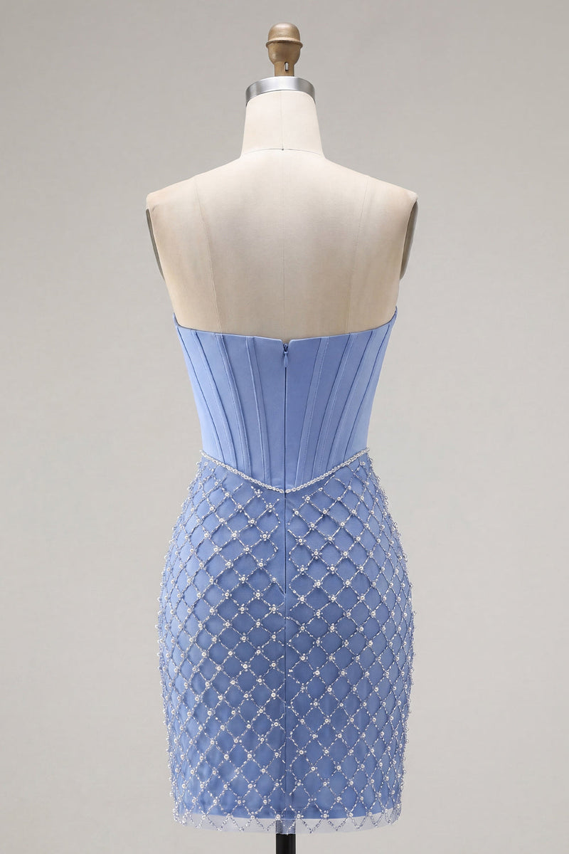 Laden Sie das Bild in den Galerie-Viewer, Satin-trägerloses blaues Korsett-Bodycon-Homecoming-Kleid mit Perlenmuster und Schlitz