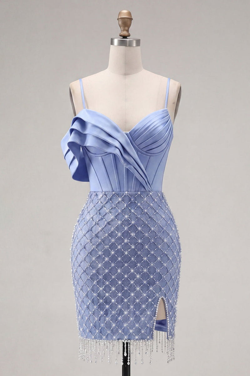 Laden Sie das Bild in den Galerie-Viewer, Satinblaues Korsett Bodycon mit gerafftem Perlen-Homecoming-Kleid mit Schlitz