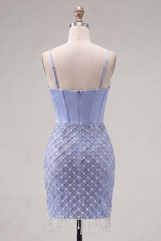 Satinblaues Korsett Bodycon mit gerafftem Perlen-Homecoming-Kleid mit Schlitz
