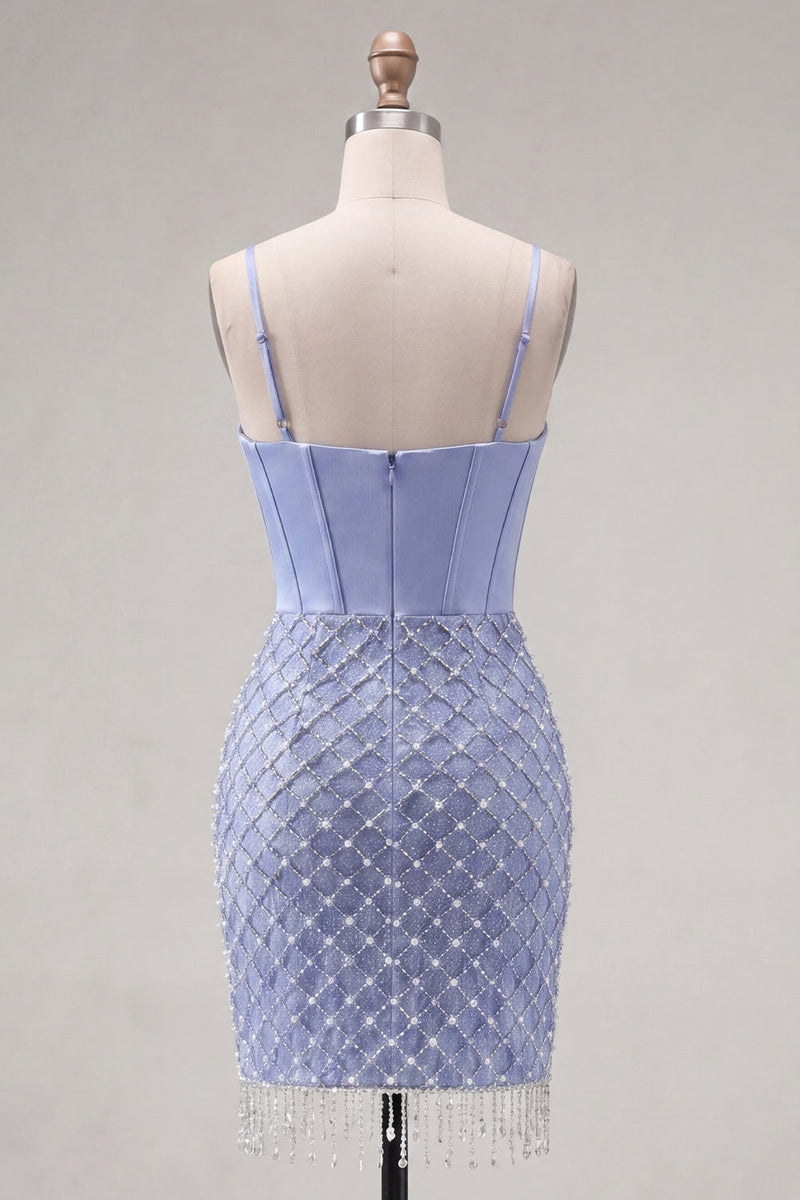 Laden Sie das Bild in den Galerie-Viewer, Satinblaues Korsett Bodycon mit gerafftem Perlen-Homecoming-Kleid mit Schlitz