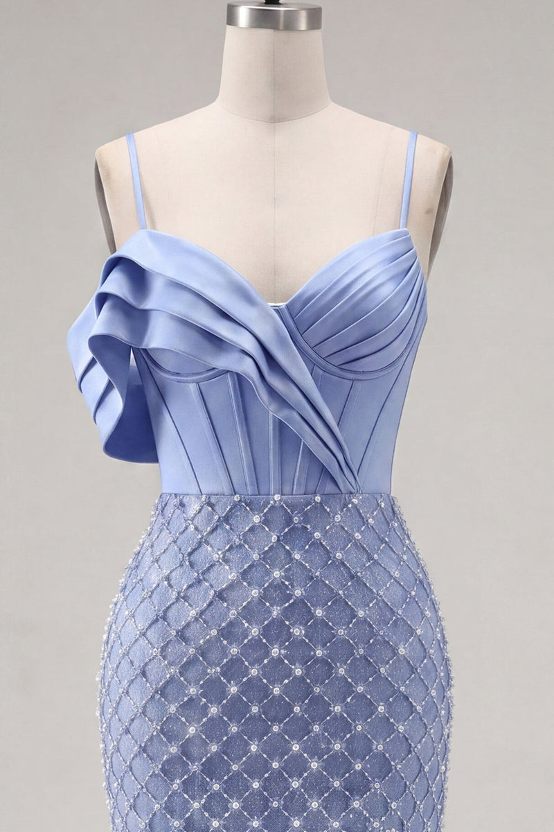 Laden Sie das Bild in den Galerie-Viewer, Satinblaues Korsett Bodycon mit gerafftem Perlen-Homecoming-Kleid mit Schlitz