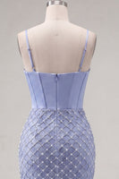 Laden Sie das Bild in den Galerie-Viewer, Satinblaues Korsett Bodycon mit gerafftem Perlen-Homecoming-Kleid mit Schlitz