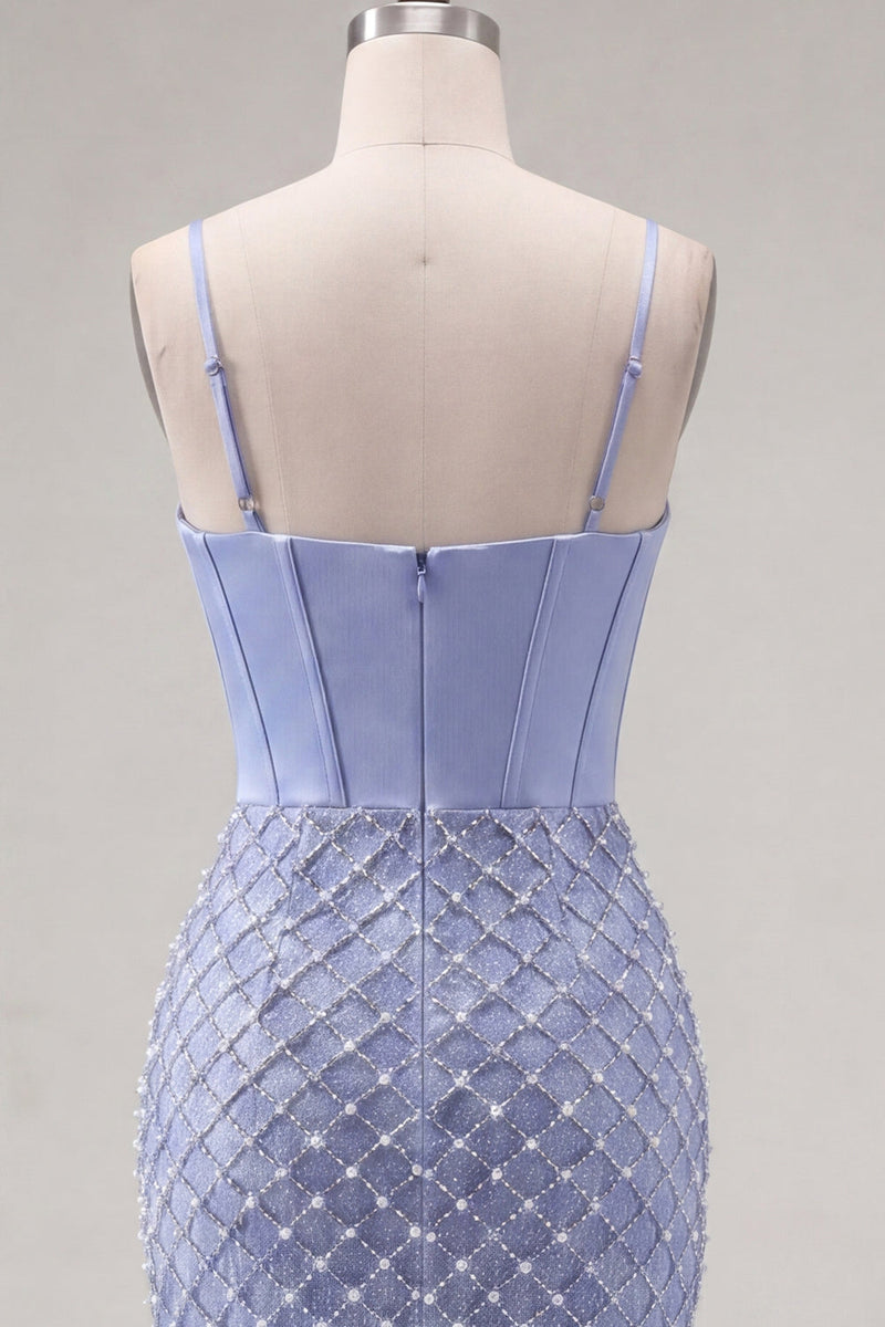 Laden Sie das Bild in den Galerie-Viewer, Satinblaues Korsett Bodycon mit gerafftem Perlen-Homecoming-Kleid mit Schlitz